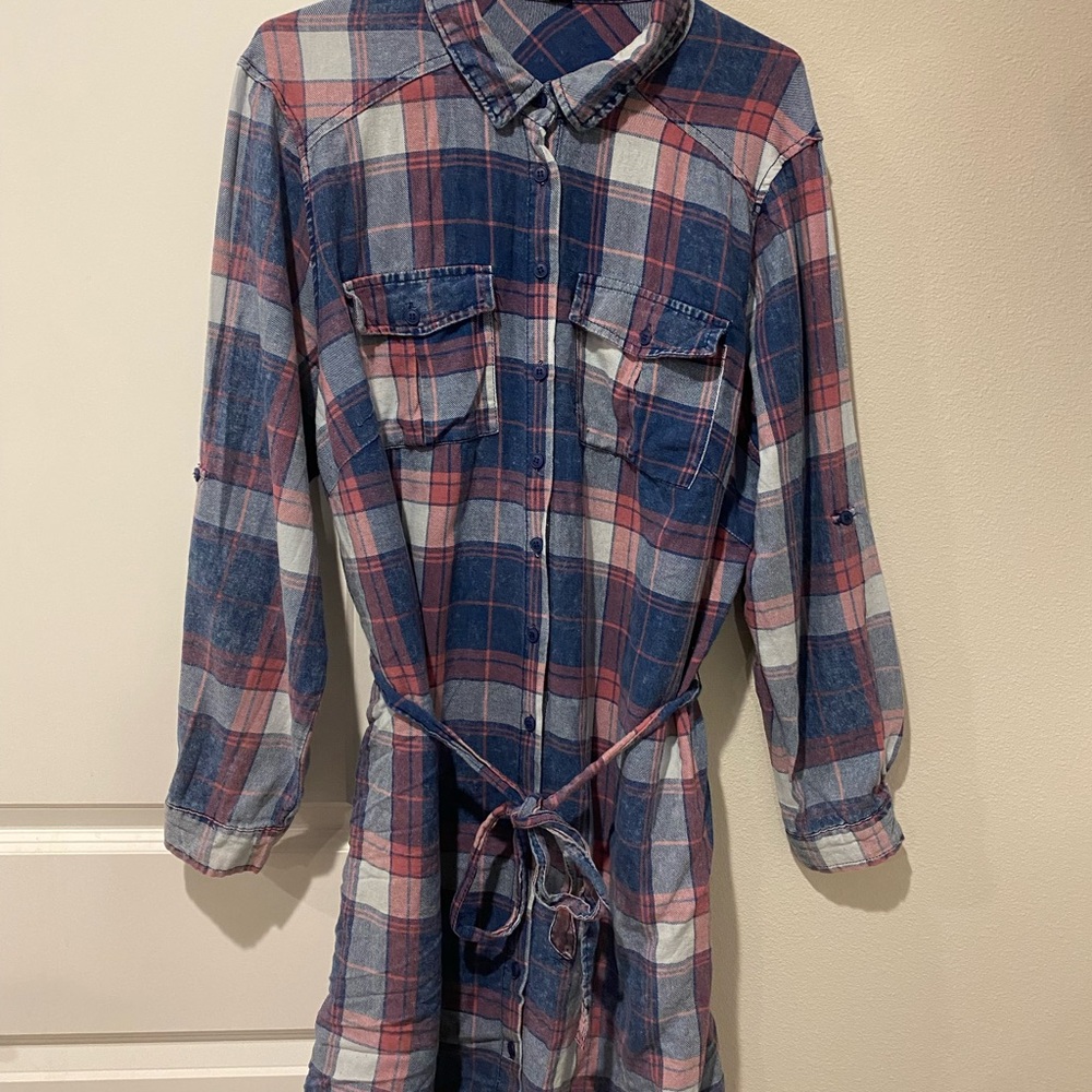 Plaid Button-Up Dress with Belt